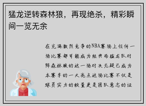 猛龙逆转森林狼，再现绝杀，精彩瞬间一览无余
