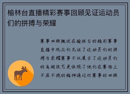 榆林台直播精彩赛事回顾见证运动员们的拼搏与荣耀