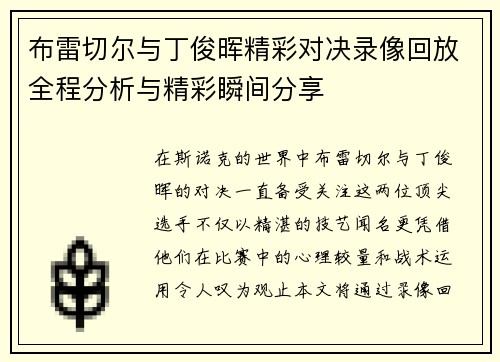 布雷切尔与丁俊晖精彩对决录像回放全程分析与精彩瞬间分享